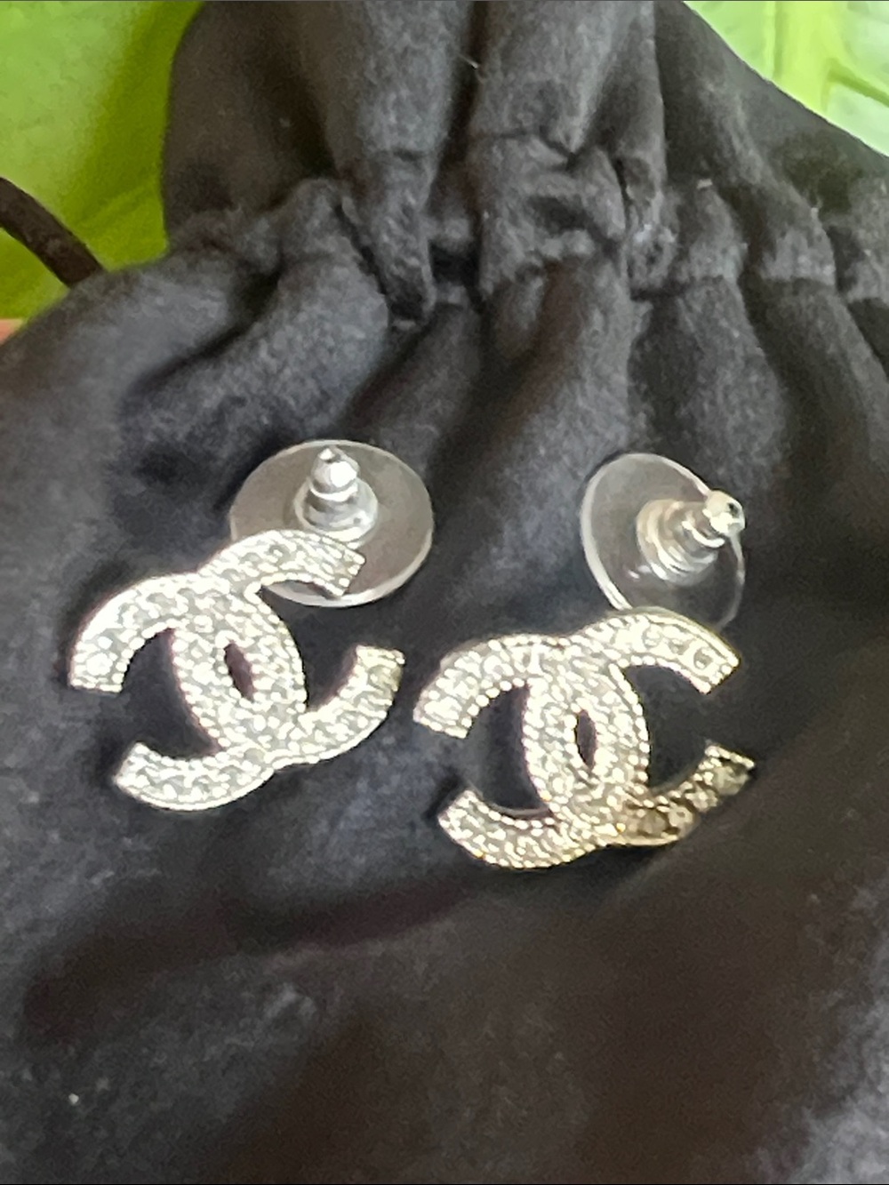 CHANEL Silver Crystal Double C Stud Earrings